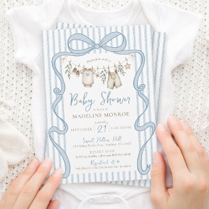 Blå akvarell båge klädstreck pojke baby shower inbjudningar