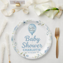 Blå akvarell ballong blomster pojke baby shower