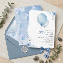 Blå akvarell ballong blomster pojke baby shower