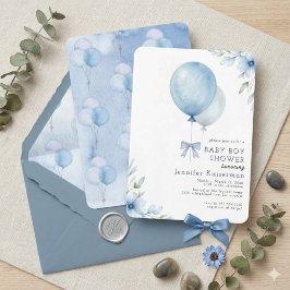 Blå akvarell ballong blomster pojke baby shower inbjudningar