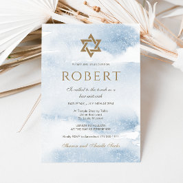 Blå akvarell Bar Mitzvah-inbjudan | Guldstjärna Inbjudningar