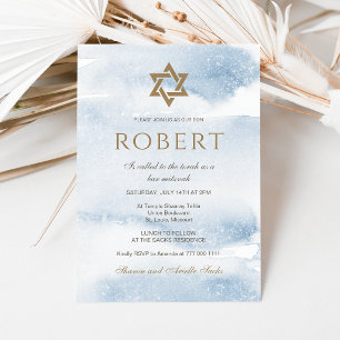 Blå akvarell Bar Mitzvah-inbjudan Guldstjärna Inbjudningar