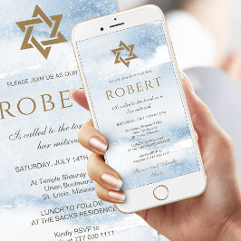 Blå akvarell Bar Mitzvah mobil inbjudan
