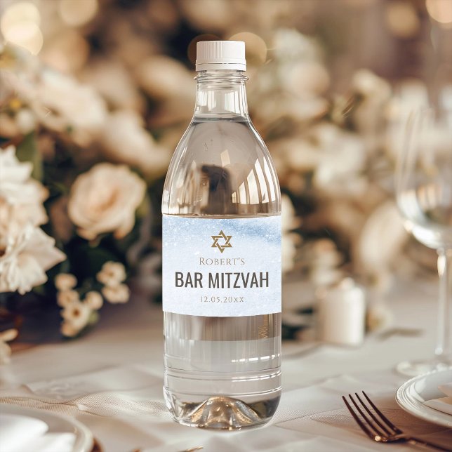 Blå akvarell Bar Mitzvah Vattenflaskor Etikett (Dusty Blue Watercolor Bar Mitzvah Water Bottle Label)