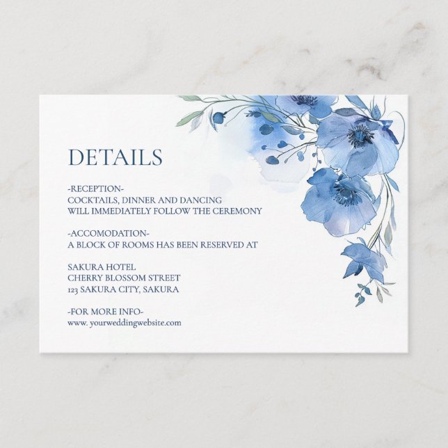 Blå akvarell blom detaljer tilläggskort (Framsida)