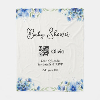 Blå akvarell blomma baby shower skanna QR RSVP pa Fleecefilt