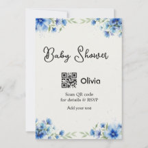 Blå akvarell blomma baby shower skanna QR RSVP pa
