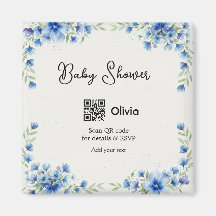 Blå akvarell blomma baby shower skanna QR RSVP pa