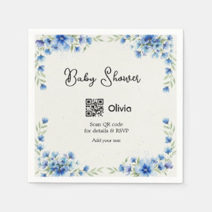 Blå akvarell blomma baby shower skanna QR RSVP pa Pappersservett