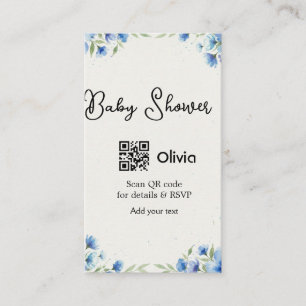 Blå akvarell blomma baby shower skanna QR RSVP pa Visitkort