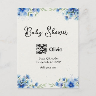 Blå akvarell blomma baby shower skanna QR RSVP pa Vykort