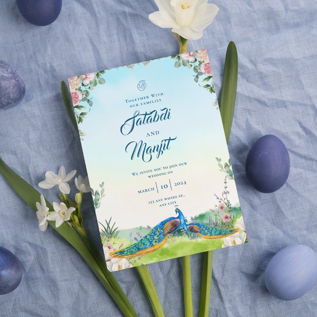 Blå akvarell blommande indisk påfågel bröllop inbjudningar (Skapare uppladdad)