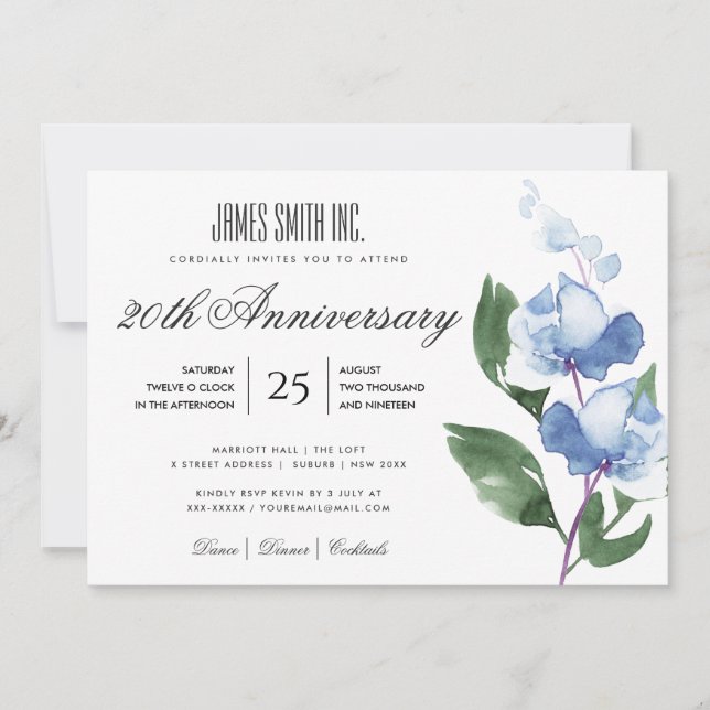 BLÅ AKVARELL BLOMSTER FÖRETAGSEVENT INBJUDNINGAR (Framsida)