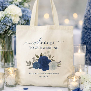 Blå Akvarell Boho Rosor Elegant Bröllop Välkommen Tygkasse