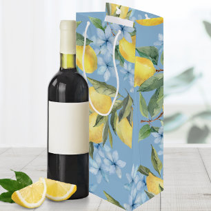 Blå akvarell citron & blomma vin presentpåse
