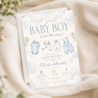 Blå akvarell En söt baby shower Neutral shower Inbjudningar