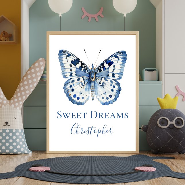 Blå akvarell fjäril barnkammare väggkonstaffisch poster (Personalized Blue White Butterfly Nursery Wall Art Print Poster. )