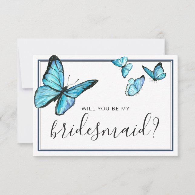 Blå akvarell fjäril Will You Be My Bridesmaid Inbjudningar (Framsida)