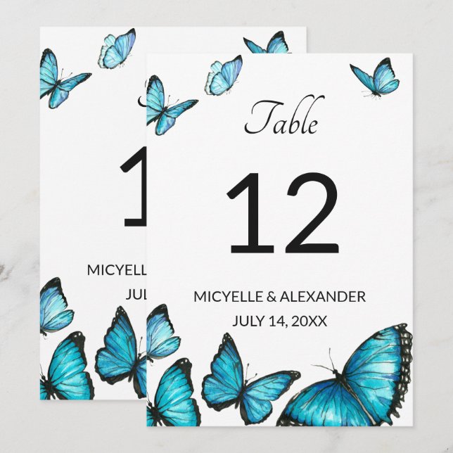 Blå akvarell fjärilar Bröllops Bordnummer Inbjudningar (Fram/baksida)