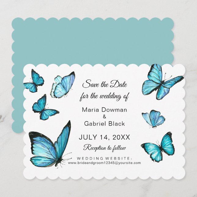 Blå akvarell fjärilar Modernt spara datum Inbjudningar (Fram/baksida)