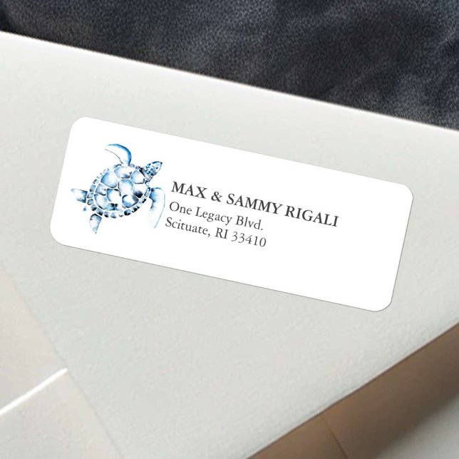 Blå akvarell havssköldpadda adress returadress etikett (beach sea turtle return address labels watercolor art by Victoria Grigaliunas of Do Tell A Belle)