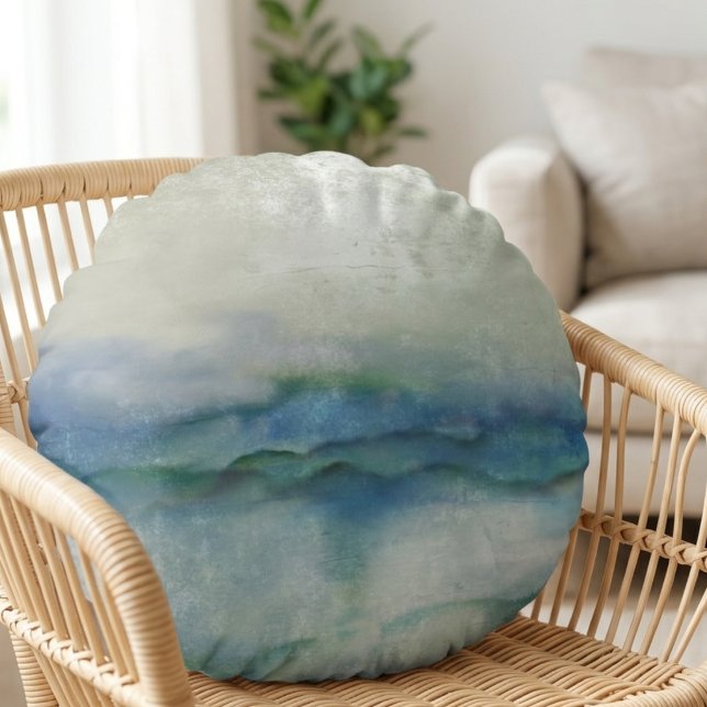 Blå akvarell havsvågor rund kudde (Soft, watercolor ocean pillow - perfect cozy gift for any friend celebrating a housewarming)