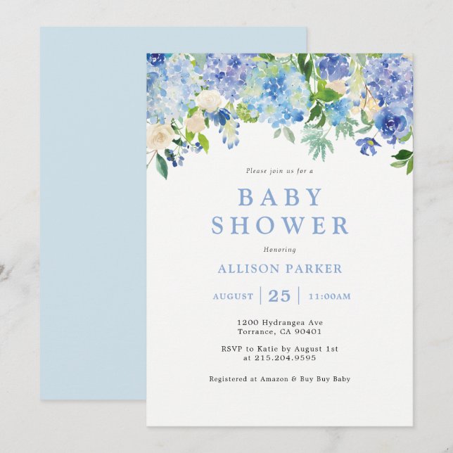 Blå akvarell hortensia Baby Shower-inbjudan Inbjudningar (Fram/baksida)