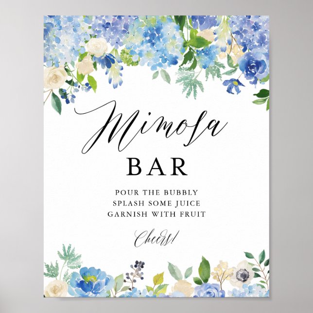 Blå akvarell Hydrangea Bröllopsdusch Mimosa Bar Poster (Framsidan)