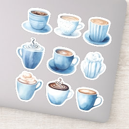 Blå akvarell kaffekoppar 4 klistermärken