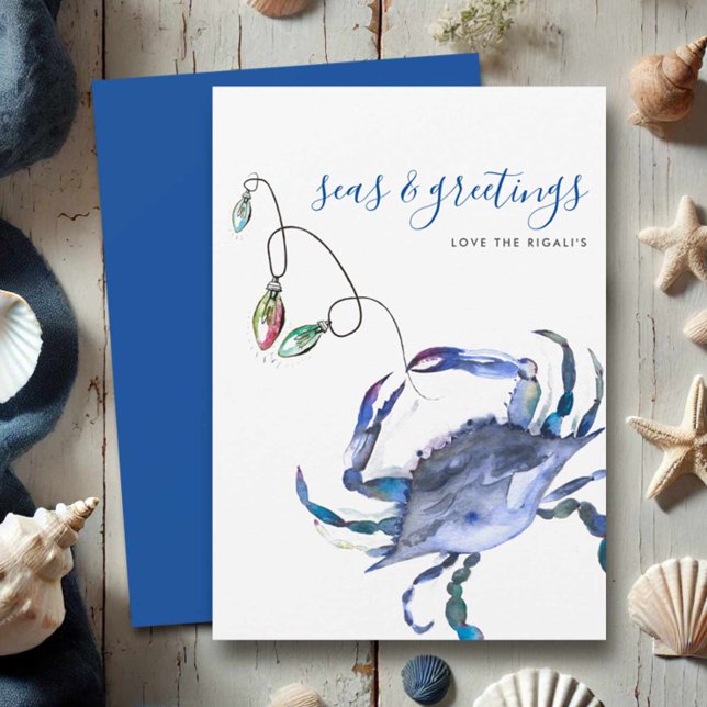 Blå akvarell krabba strand julkort (Beach Christmas cards watercolor crab in shades of blue with holiday lights Victoria Grigaliunas)