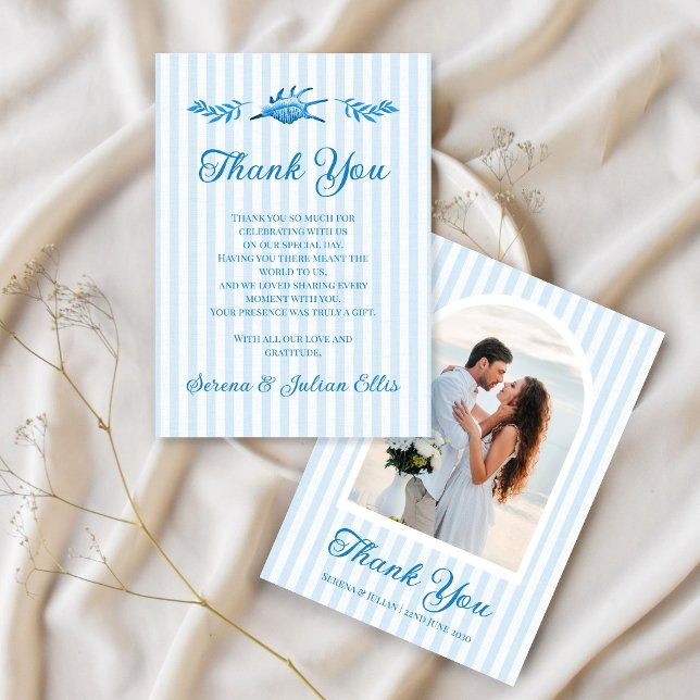 Blå akvarell kustremsa foto bröllop tack kort (Blue Watercolor Coastal Stripe Photo Wedding Thank You Card)