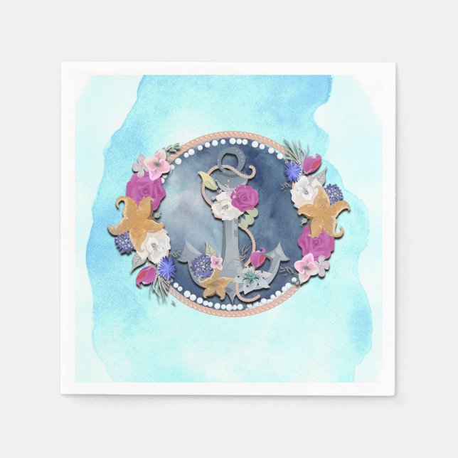 Blå akvarell Modern marin blomsterankare Pappersservett (Framsidan)