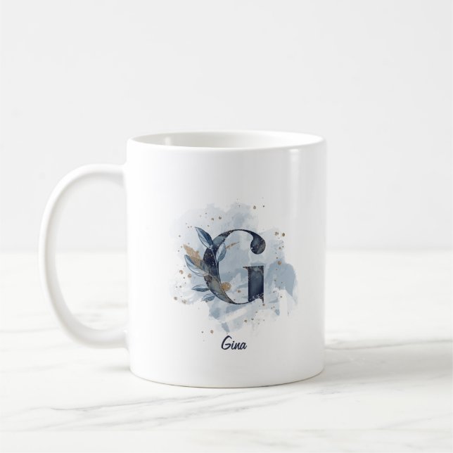 Blå akvarell Personligt namn Bokstav Initial G Kaffemugg (Vänster)