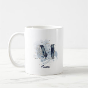 Blå akvarell Personligt namn Bokstav Initial M Kaffemugg