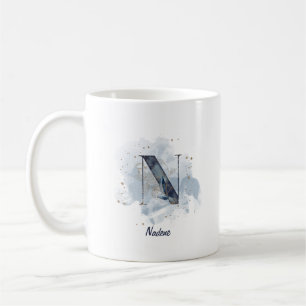 Blå akvarell Personligt namn Bokstav Initial N Kaffemugg