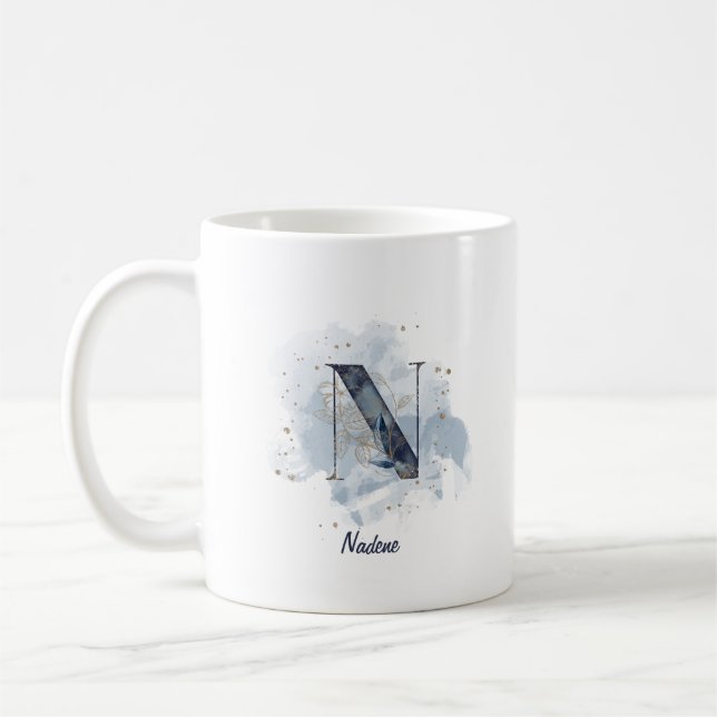 Blå akvarell Personligt namn Bokstav Initial N Kaffemugg (Vänster)