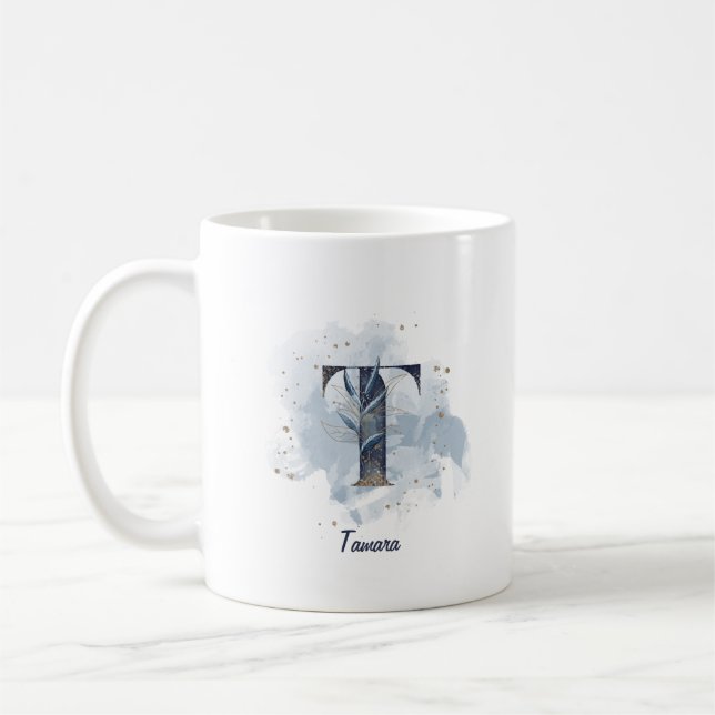 Blå akvarell Personligt namn Bokstav Initial T Kaffemugg (Vänster)