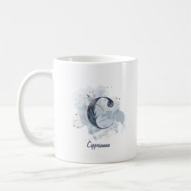 Blå akvarell Personligt namn Bokstav Initital C Kaffemugg (Vänster)