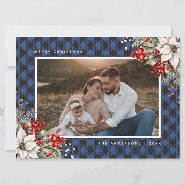 Blå akvarell Poinsettia Holly Foto Jul Julkort (Framsida)