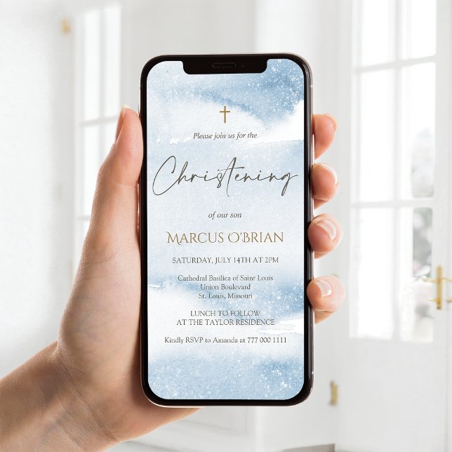 Blå akvarell pojke dop mobil inbjudan (Blue Watercolor Boy Christening Mobile Invite)