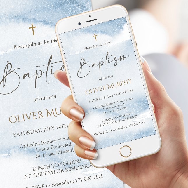 Blå akvarell pojke dop mobil inbjudan (Blue Watercolor Boy Baptism Mobile Invite)