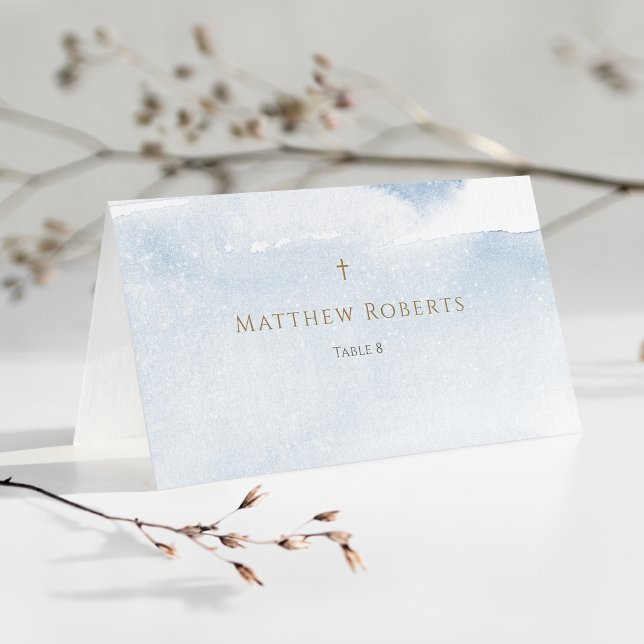 Blå akvarell pojke dop placeringskort (Blue Watercolor Boy Baptism Place Card)