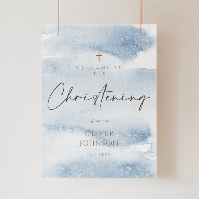 Blå akvarell pojke dop välkomstaffisch poster (Blue Watercolor Boy Christening Welcome Poster)