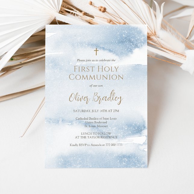Blå akvarell pojke första kommunion inbjudan (Blue Watercolor Boy First Communion Invitation)