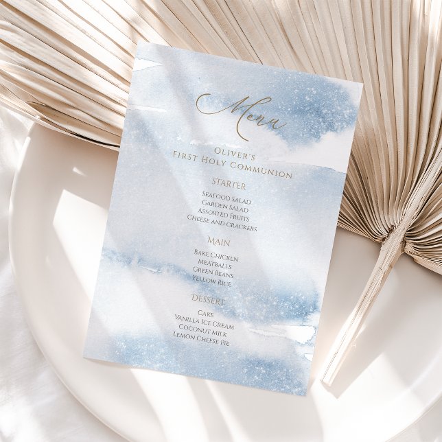 Blå akvarell pojke första kommunion meny kort (Blue Watercolor Boy First Communion Menu Card)