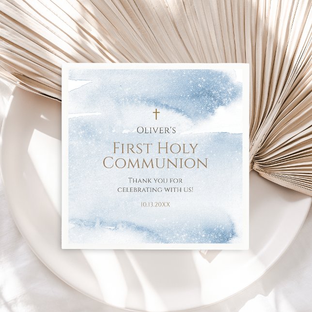 Blå akvarell pojke första kommunion pappersservett (Blue Watercolor Boy First Communion Napkins)