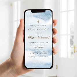 Blå akvarell pojke konfirmation mobil inbjudan
