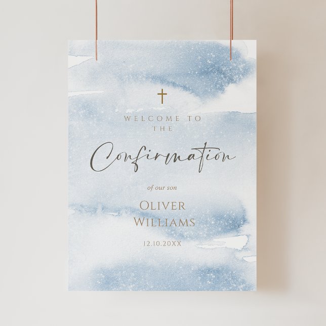 Blå akvarell pojke konfirmation välkomstaffisch poster (Blue Watercolor Boy Confirmation Welcome Poster)