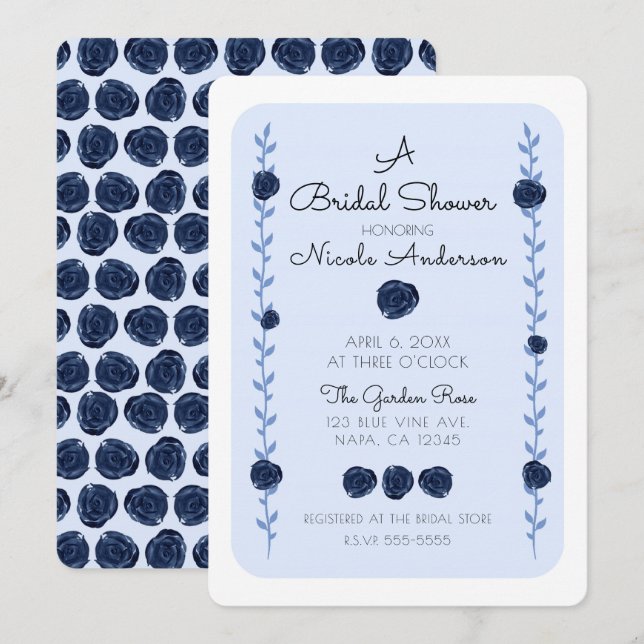 Blå akvarell ros vinrankor stuga bröllopsdusch inbjudningar (Fram/baksida)