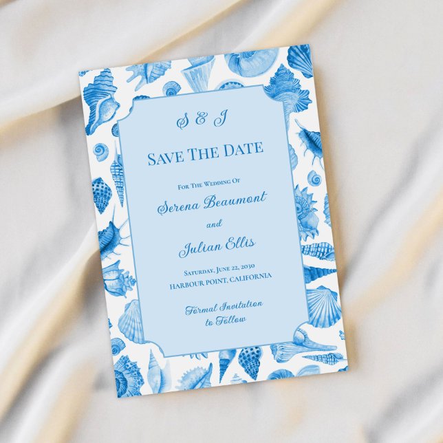 Blå akvarell sjöskal kust Chic Spara Datumet (Blue Watercolor Seashell Coastal Chic Save The Date)